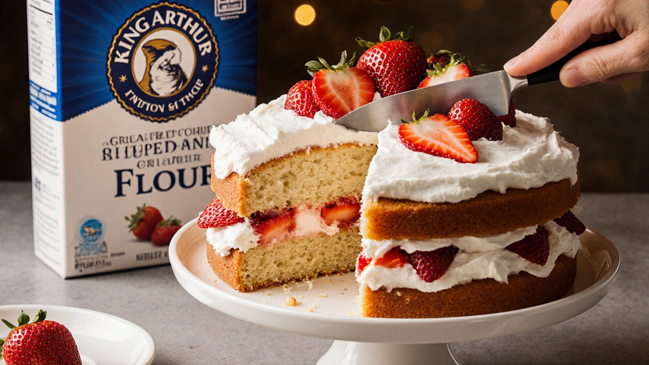 Layered vanilla sponge cake with strawberries being sliced, showing moist crumb.
