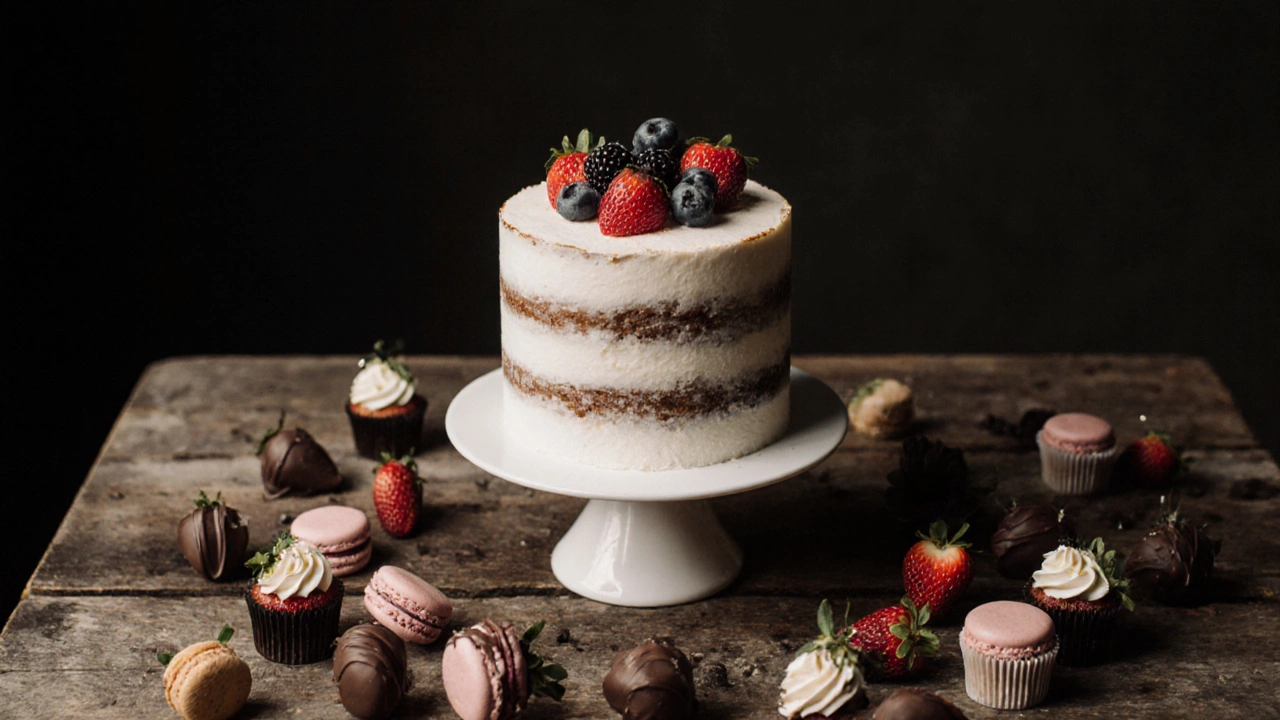 Minimalist naked cake with berries at the center of a dessert table with macarons and cupcakes.
