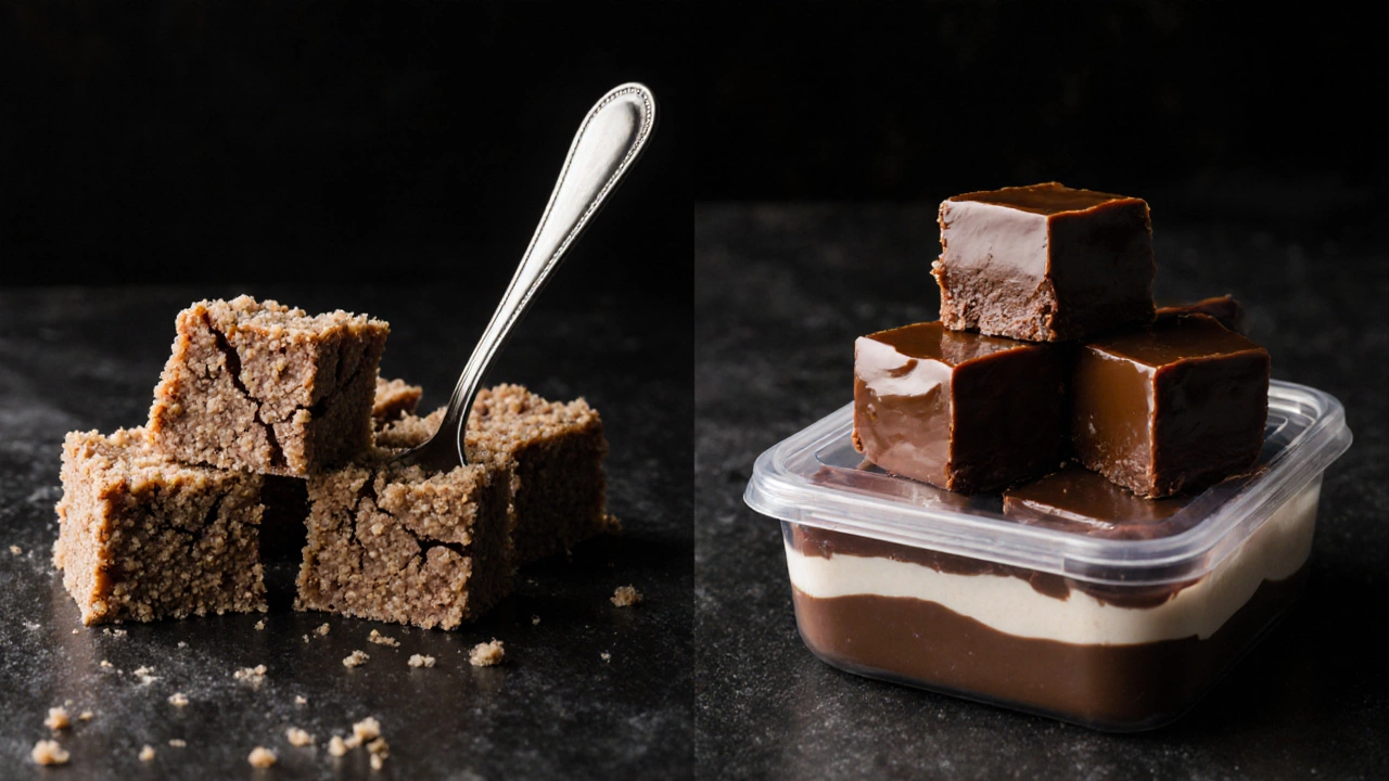 Side-by-side comparison of ruined fudge versus perfect fudge, highlighting texture differences.