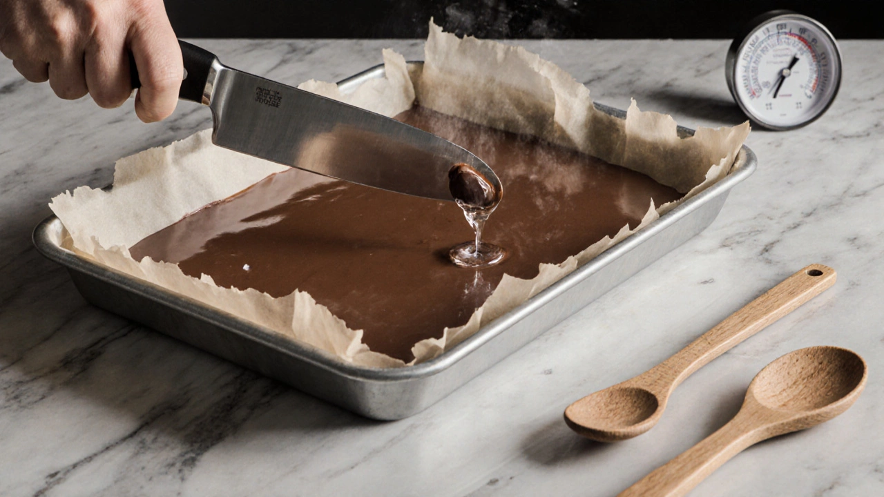 Smooth fudge slab being lifted with parchment paper, knife poised to cut.