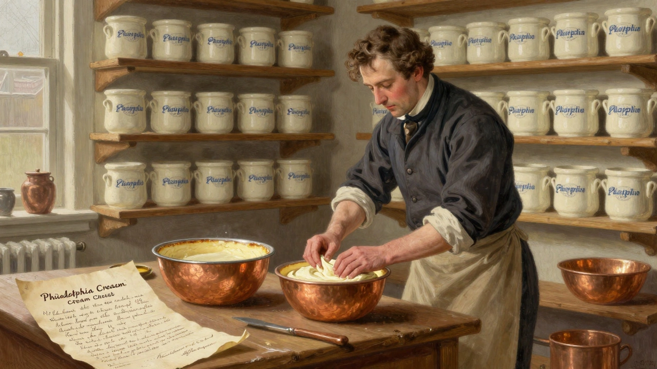 19th-century baker packing cream cheese in a Pennsylvania bakery, vintage kitchen scene.