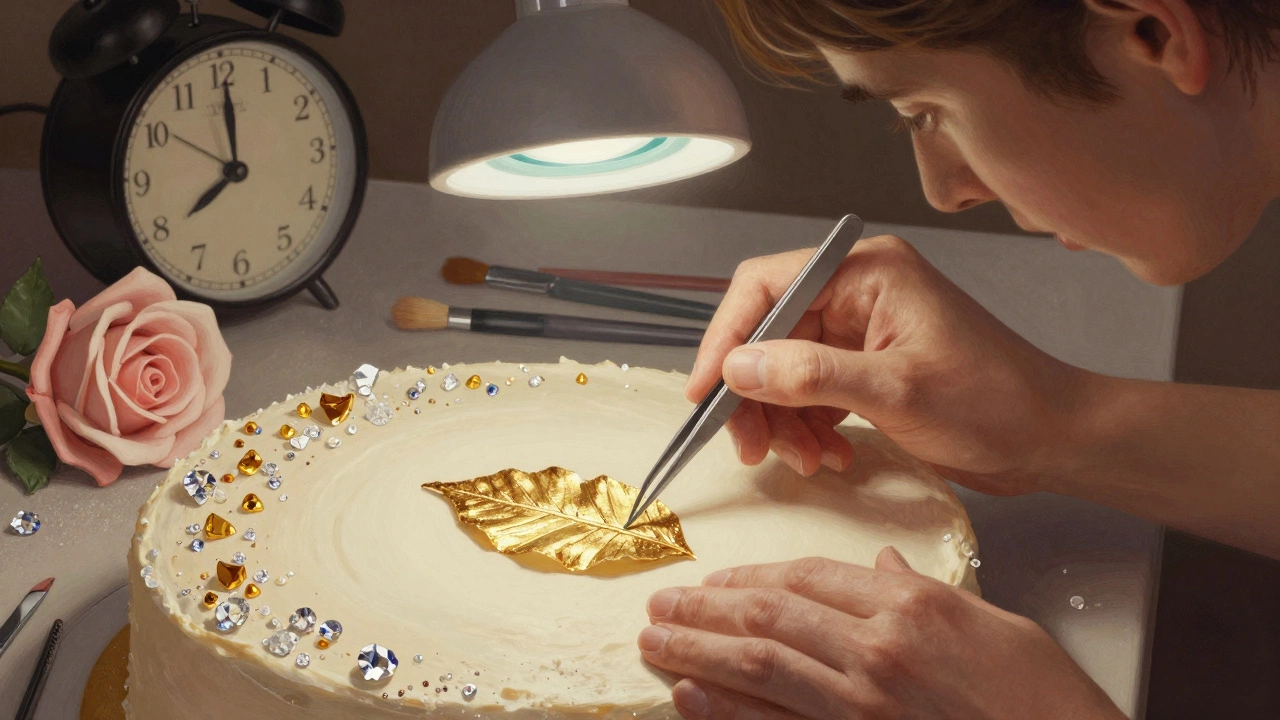 A cake designer’s hands carefully placing gold leaf on a cake under a magnifying lamp at night.