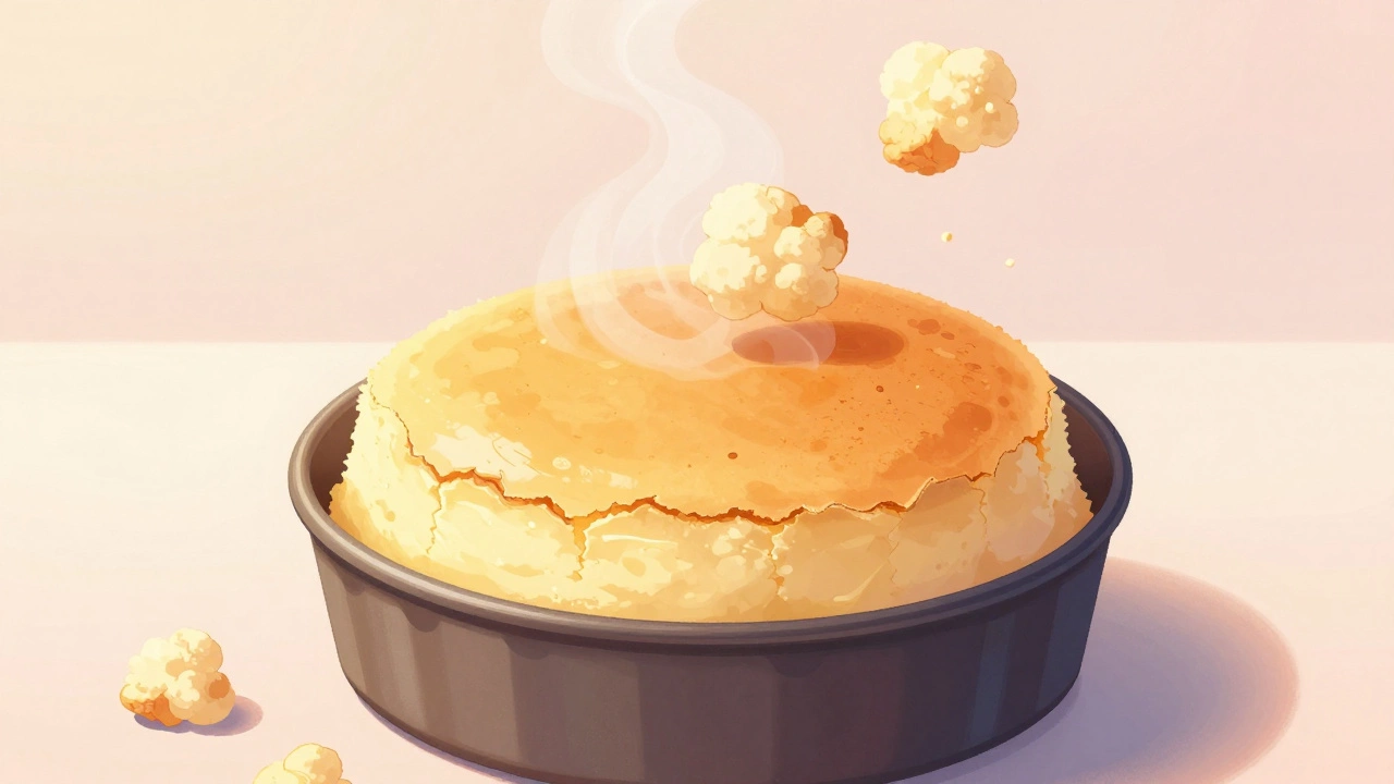 A light, airy soufflé cheesecake rising in a pan with delicate crumbs floating upward.