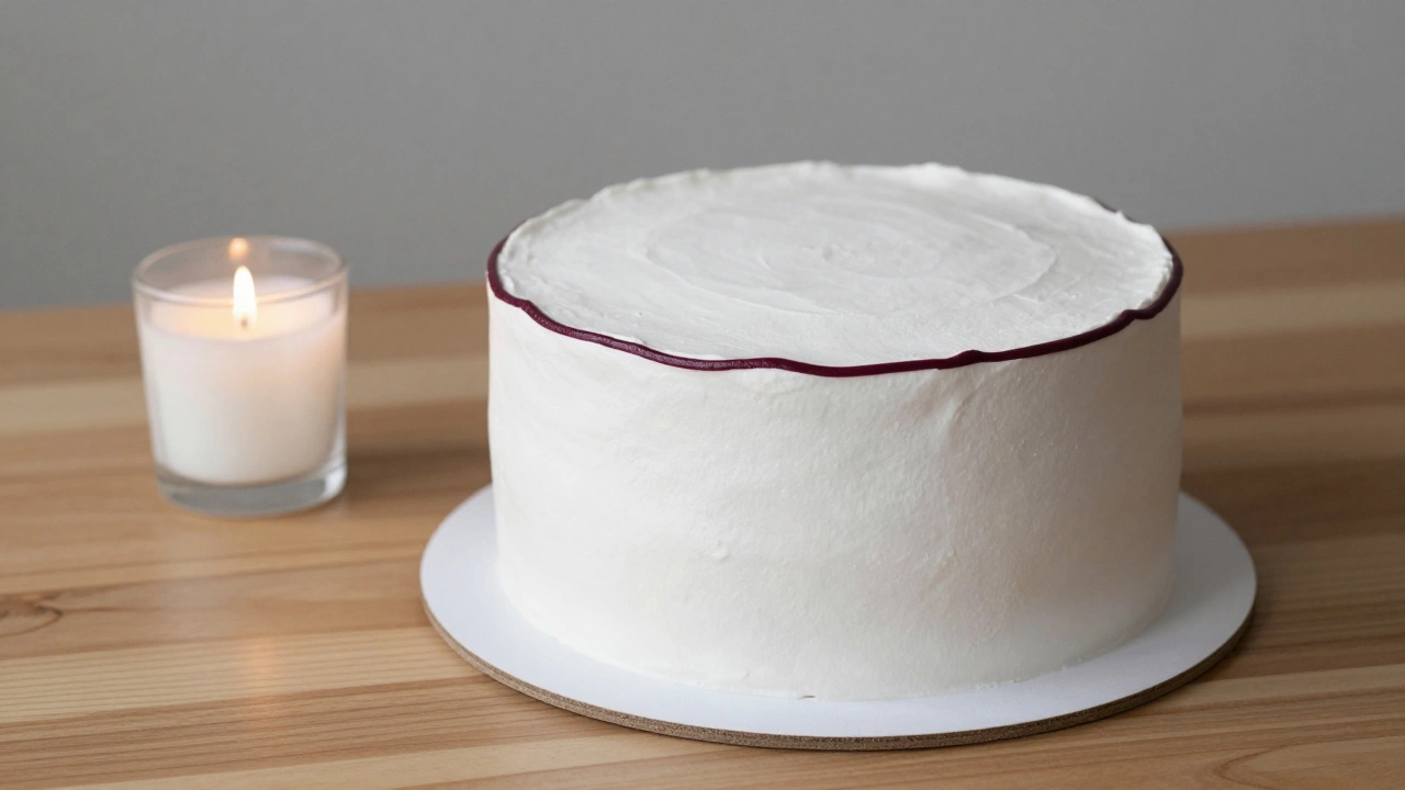 A minimalist white cake with a single burgundy line and a single candle, exuding quiet sophistication.