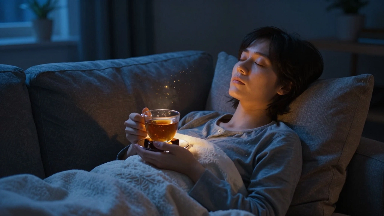 A person relaxed on a couch at night, surrounded by calm golden light, experiencing the lingering high from a brownie.