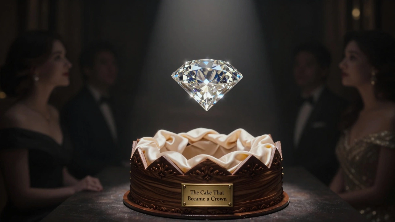 A single diamond hovers above an ornate cake box with a plaque, symbolizing legacy and excess.