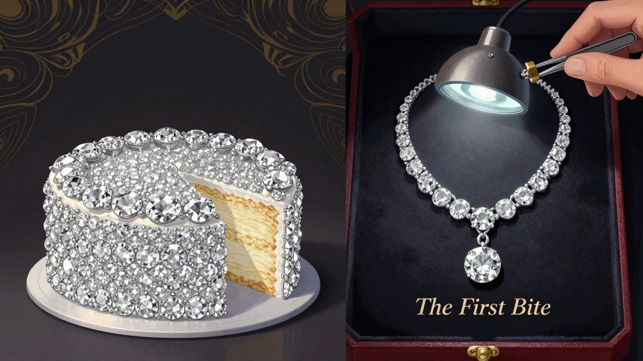 A surreal transition from a diamond cake to a necklace being crafted by jewelers under magnification.