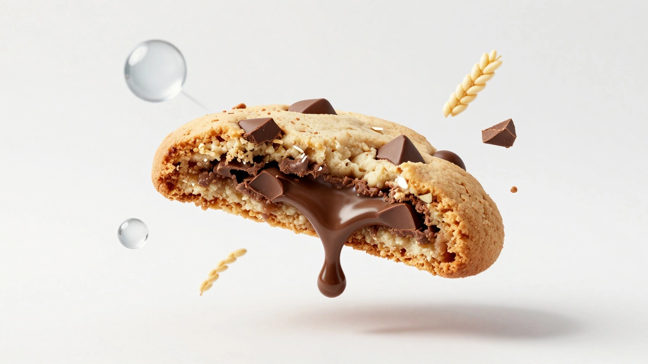 Cookie sliced open showing layers with floating science elements
