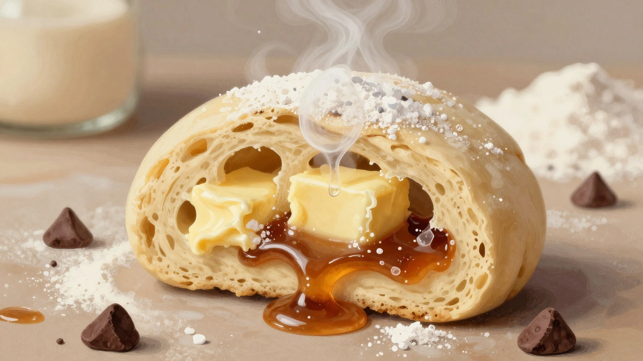 Cross-section of cookie dough showing air pockets, steam, and ingredients mixing before baking.
