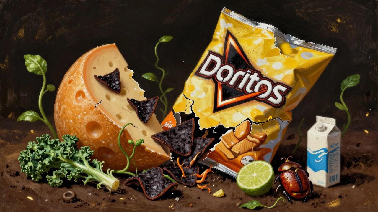 Crumbling Doritos bag made of dairy and beetles, replaced by plant-based chips growing from the debris.