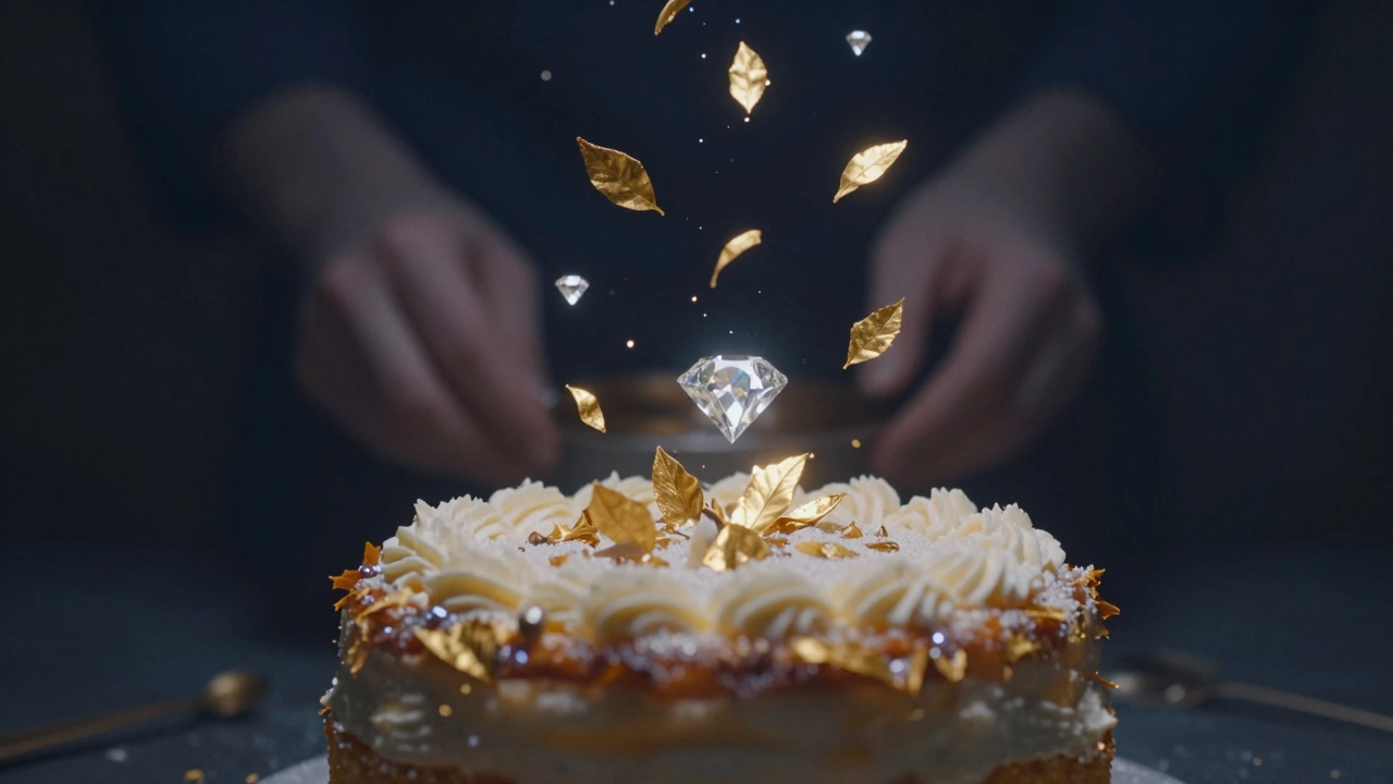 Gold leaf and sugar diamonds floating in mid-air like stardust around a dissolving cake, with a diamond hovering above.