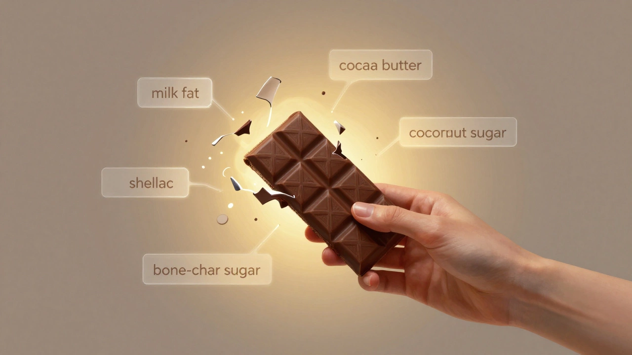 Hand holding vegan chocolate as non-vegan ingredients shatter around it.