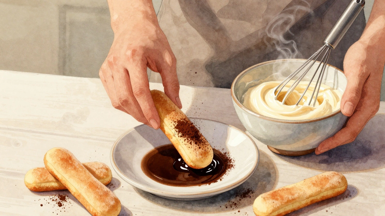 Hands assembling tiramisu: dipping ladyfingers in espresso and mixing mascarpone cream in a ceramic bowl.