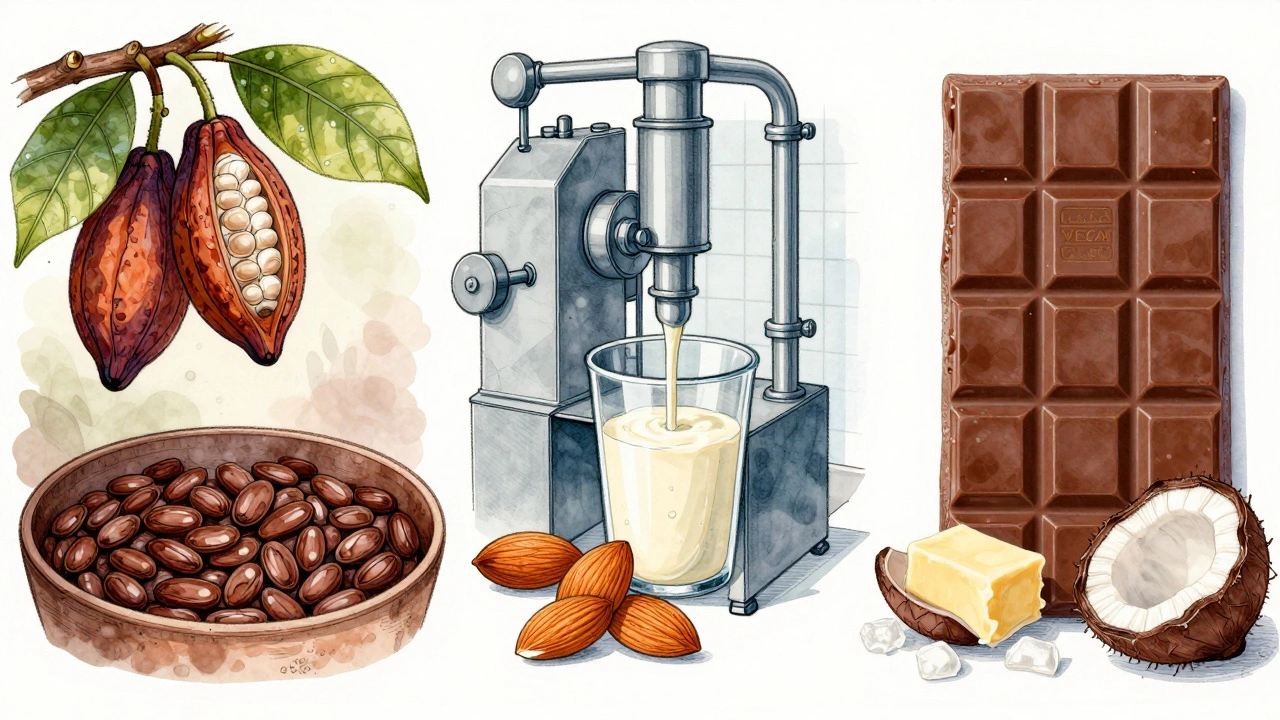 Illustrated journey of chocolate from cacao beans to dairy-laced production and vegan alternatives.