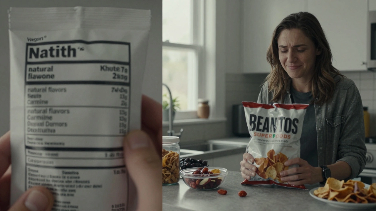 Person comparing non-vegan Doritos with vegan snack alternatives on a kitchen counter.