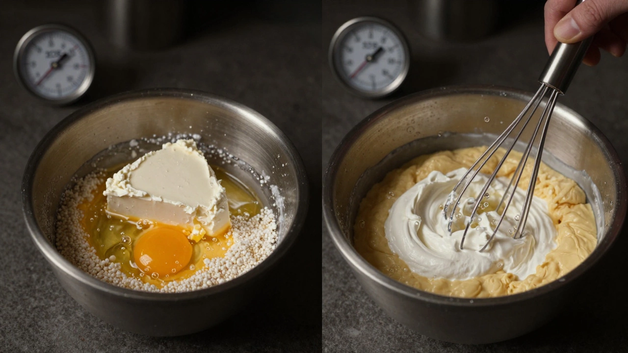 Split image showing ingredients and techniques for dense versus fluffy cheesecake.