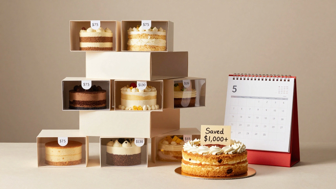 Ten birthday cakes stacked, nine store-bought with high prices, one homemade with a sign showing savings over five years.