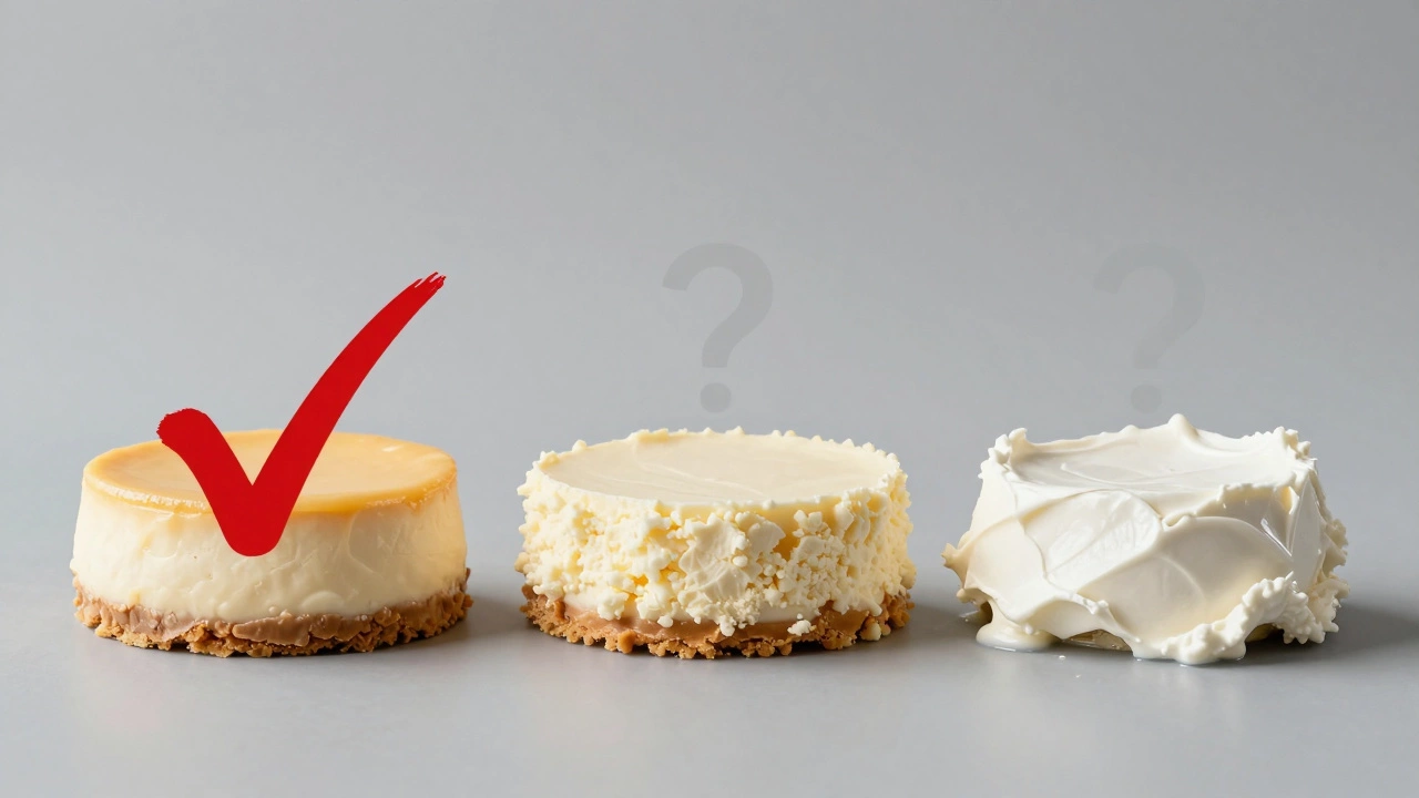 Three cheesecakes side by side showing quality differences, with Philadelphia version perfect.