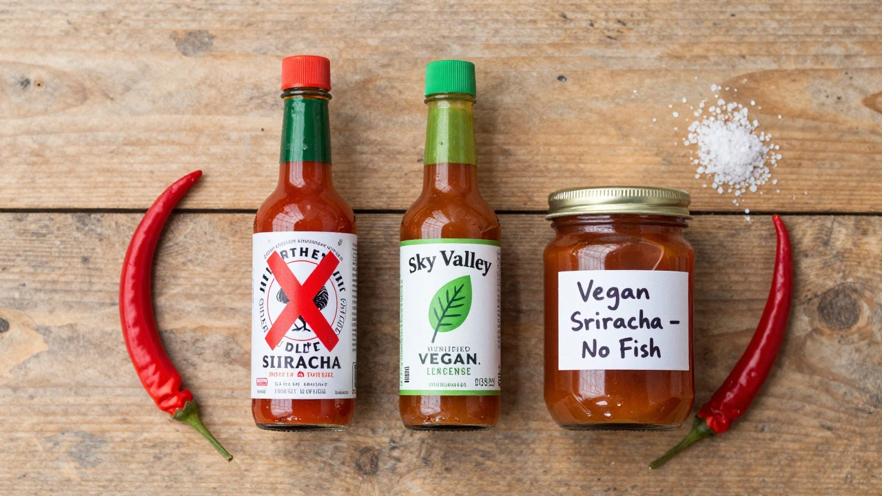 Three hot sauce bottles side by side: non-vegan with X, certified vegan, and homemade jar.
