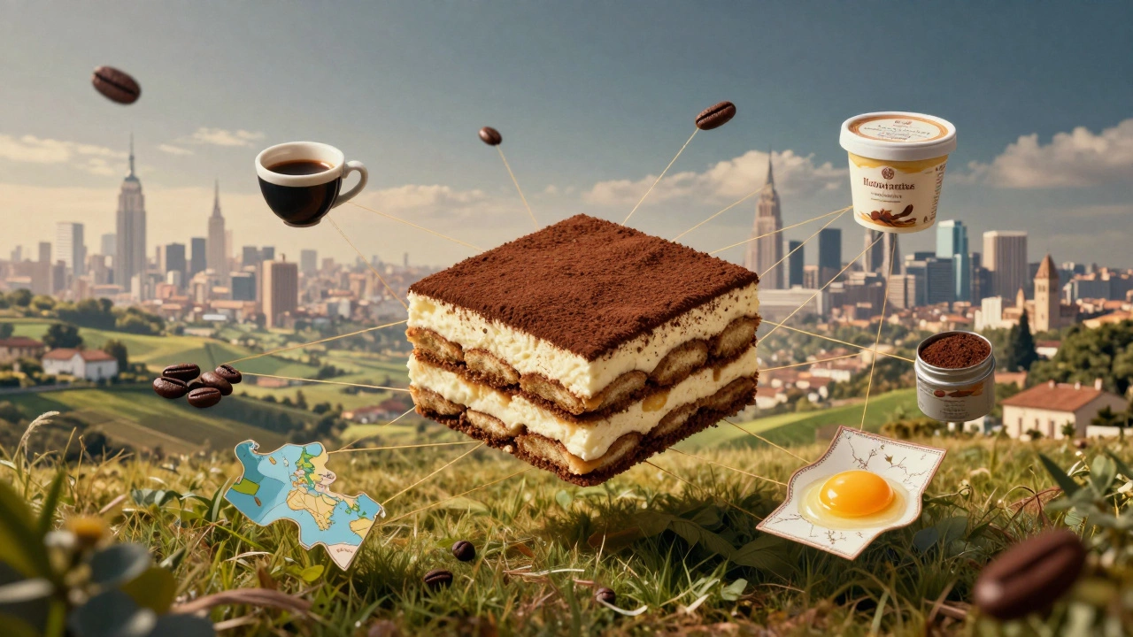 Tiramisu dessert at center with floating ingredients and maps, symbolizing its regional origins and global spread.