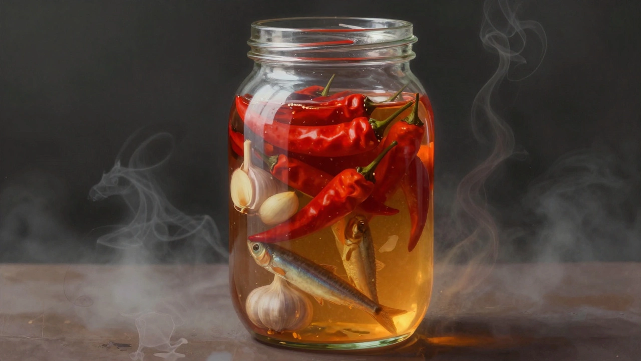 Transparent jar showing chili fermentation with ghostly anchovy silhouettes dissolving inside.