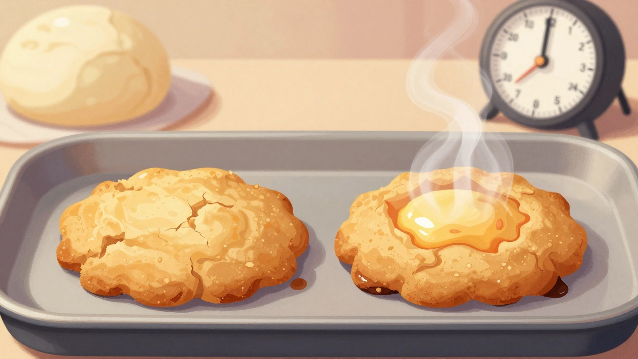 Two cookies side by side—one crisp, one chewy—with chilled dough in background