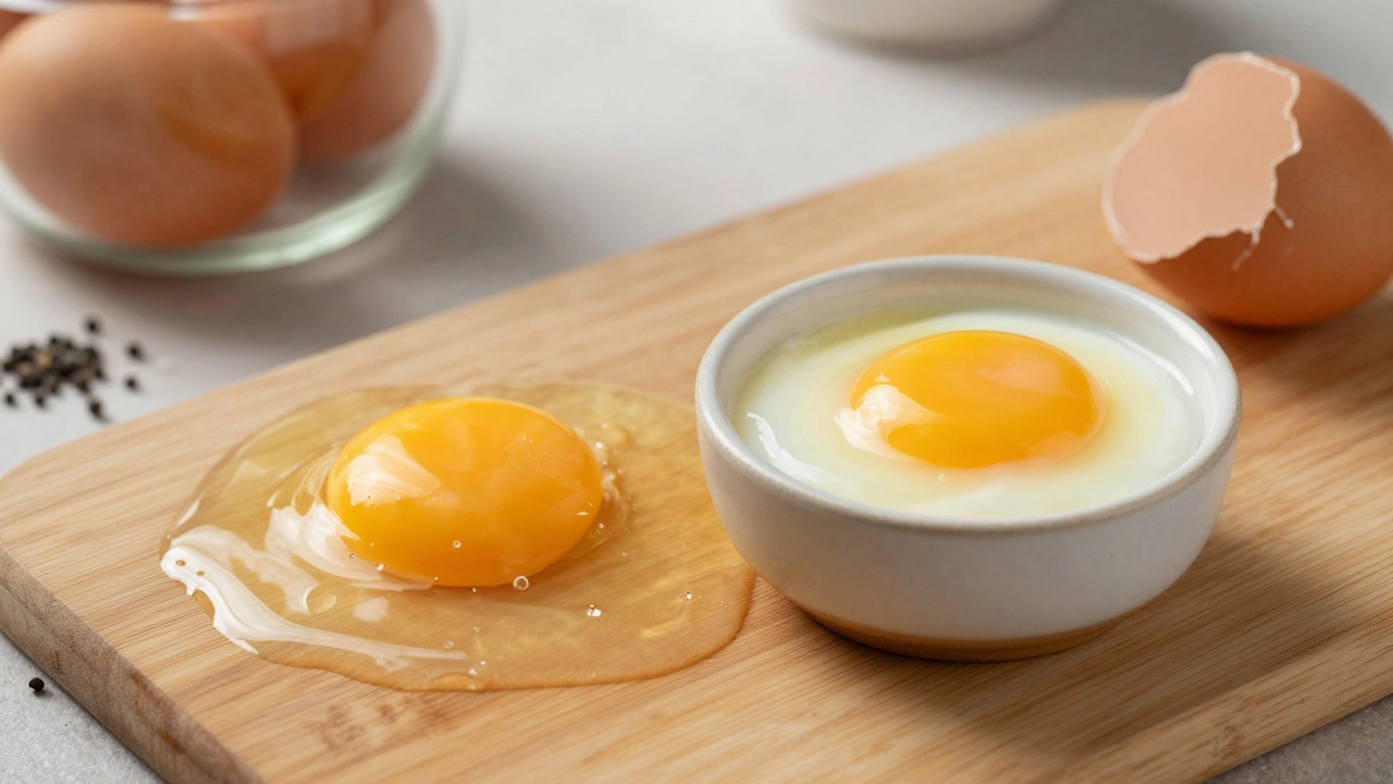 Two eggs side by side, one raw and one poached, on a wooden board.