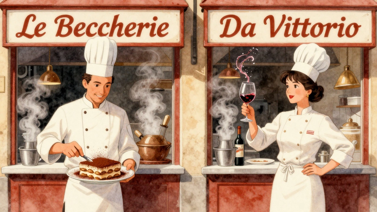 Two Italian restaurants side by side, each serving tiramisu with subtle differences in preparation.