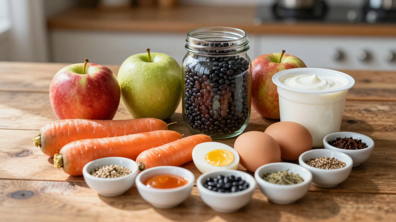 A circular arrangement of whole gluten-free foods: eggs, apples, beans, yogurt, and spices on a wooden table.