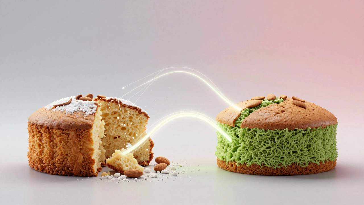 A crumbling wheat cake transforming into a lush gluten-free cake connected by glowing binding strands.