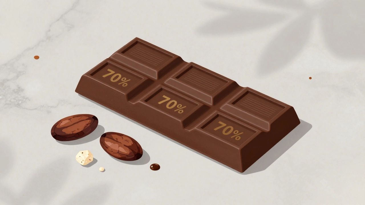 A dark chocolate bar with cocoa beans and sugar crystals on marble, a drop of melted chocolate glistening.