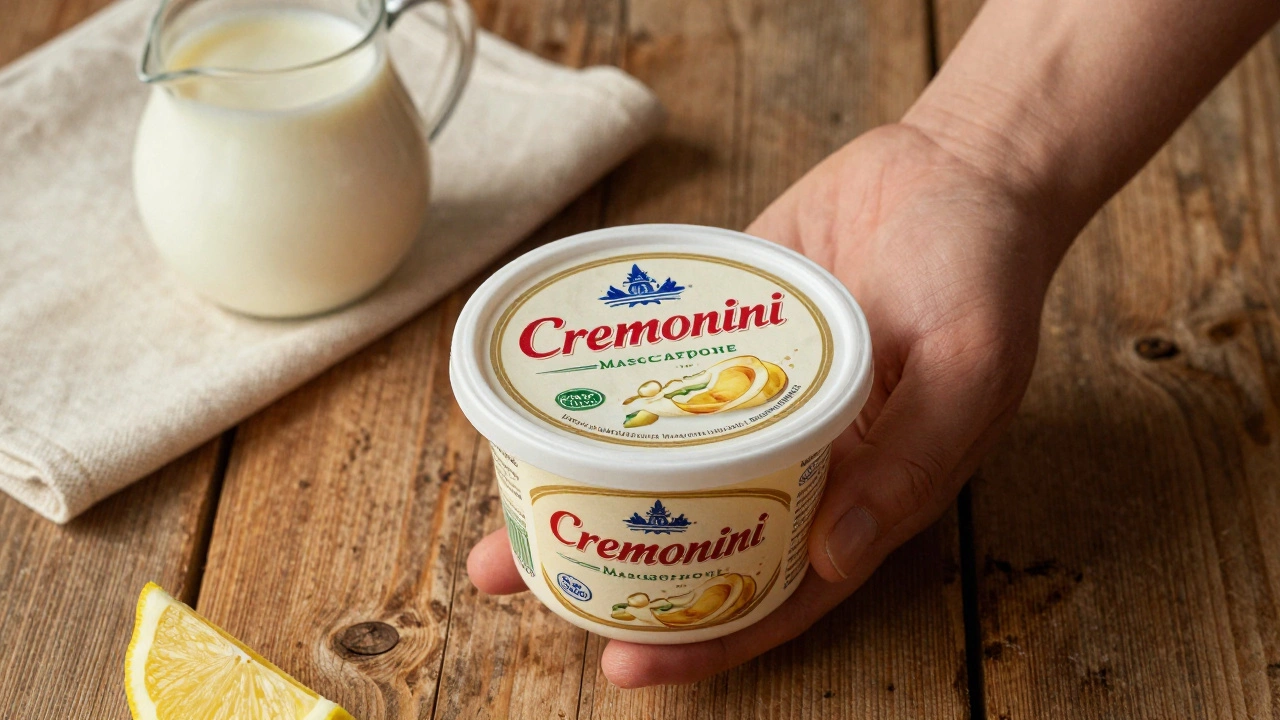 A hand holding a tub of authentic Italian mascarpone with cream and lemon nearby on a wooden table.