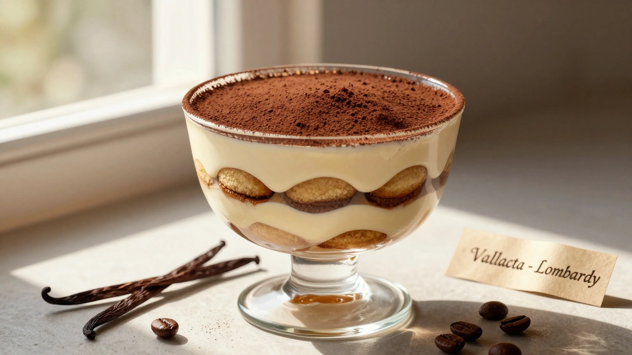 A layered tiramisu dessert showing creamy mascarpone between coffee-soaked ladyfingers and cocoa.