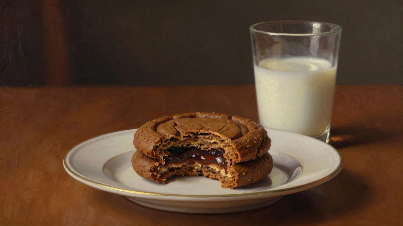 A solitary half-eaten brownie on a plate with milk, illuminated by warm light in a moody, painterly setting.