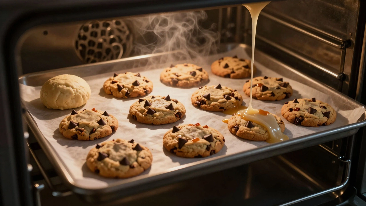Baked cookies coming out of an oven with visual contrast between dough and batter textures.