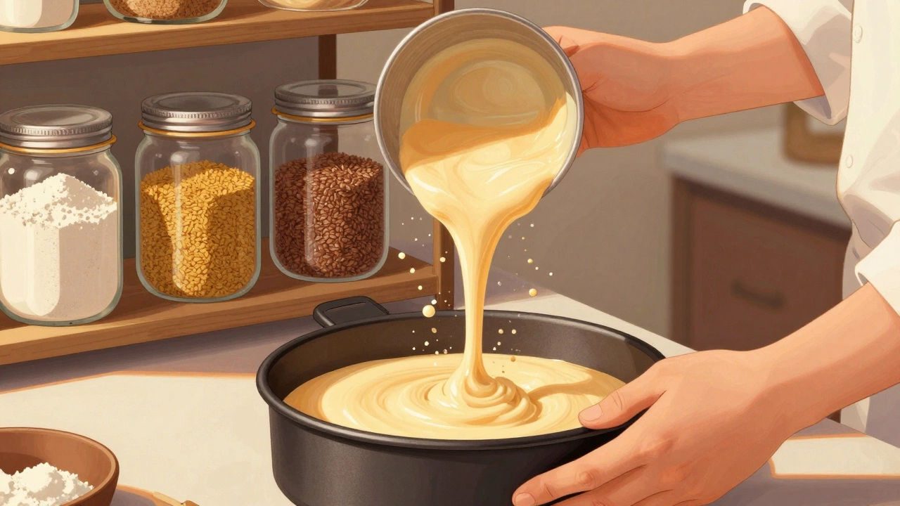 Baker's hands pouring gluten-free batter into a pan, with floating flour particles and ingredient jars in the background.