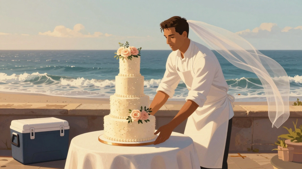 Baker carefully setting up a wedding cake at a seaside venue during golden hour.