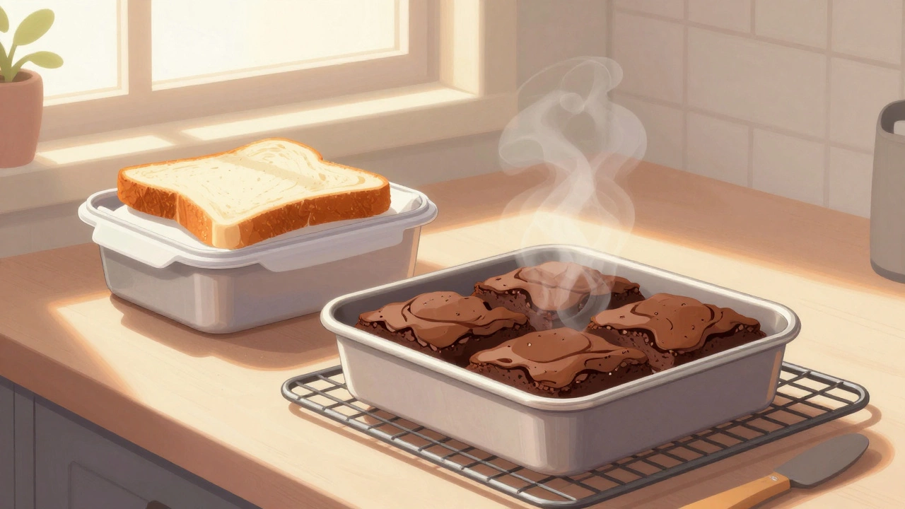 Brownies cooling in a light pan with a slice of bread on top inside an airtight container.