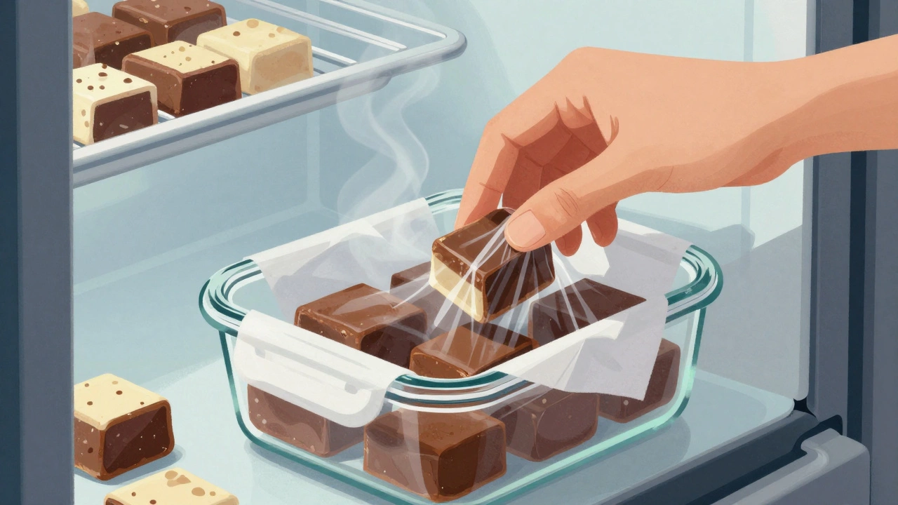 Hand wrapping fudge pieces in plastic wrap for refrigeration, inside a glass storage container.
