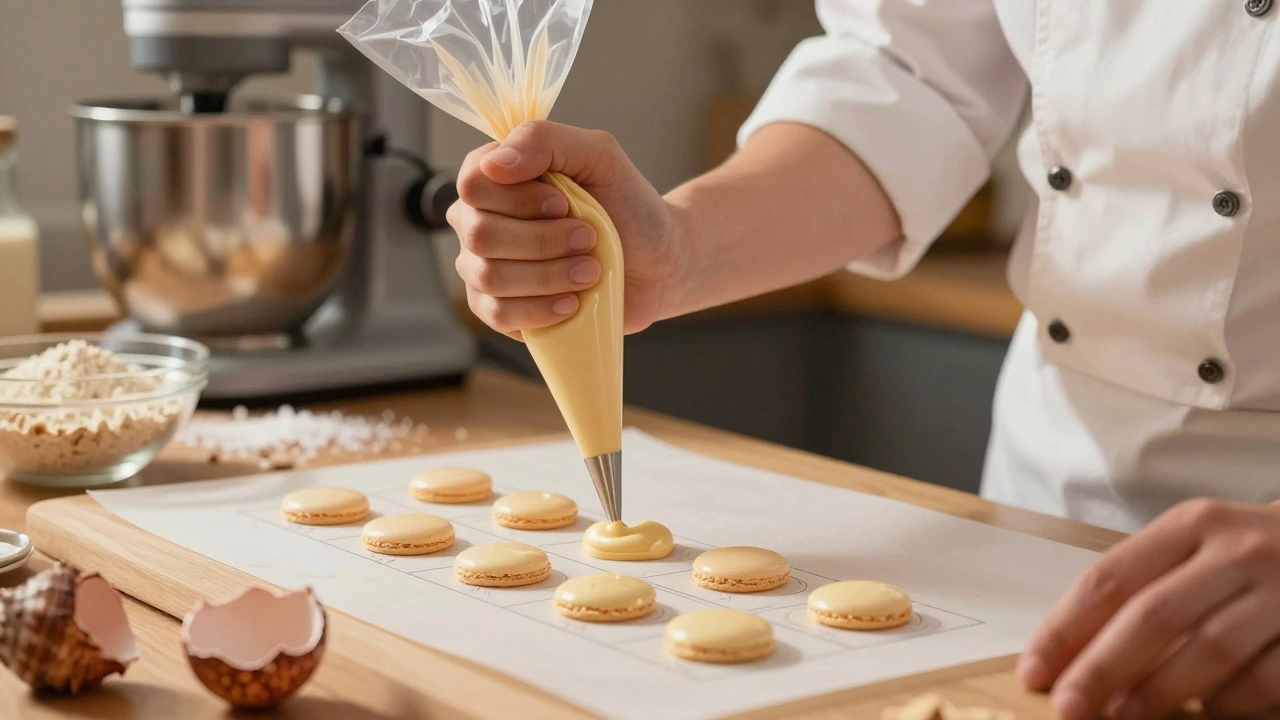 Hands piping macaron batter onto parchment paper with a template.