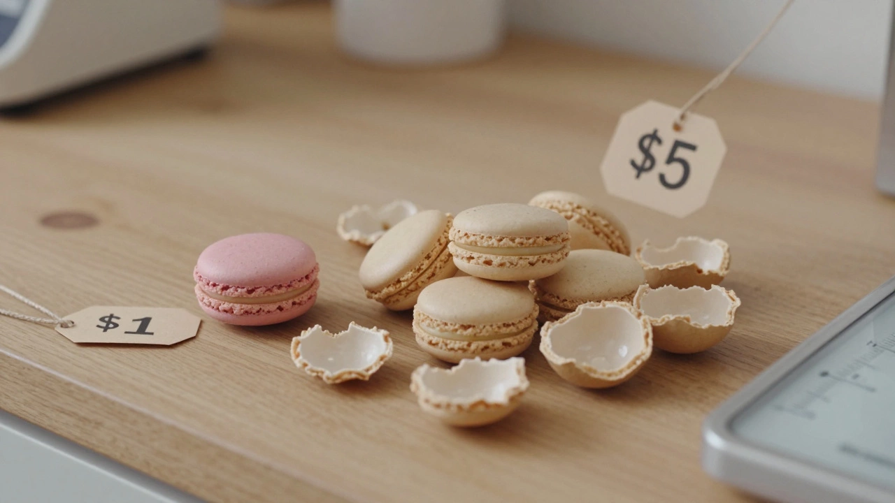 One perfect macaron next to failed attempts and price tags.