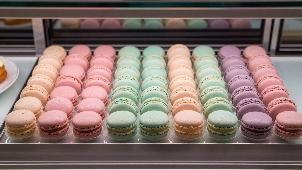 Pastel-colored macarons arranged neatly in a Parisian patisserie display case.