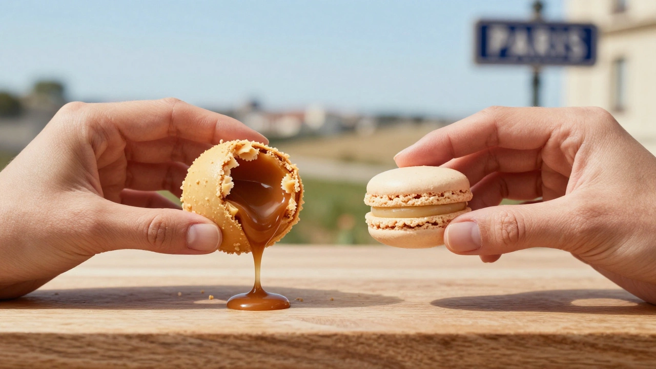 Side-by-side comparison of an alfajor and a macaron on a wooden countertop.