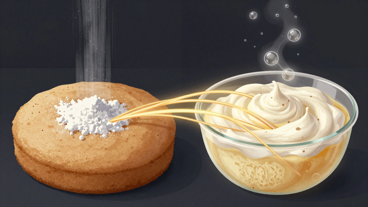 Split illustration comparing failed gluten-free cake with successful one using egg whites and binders.