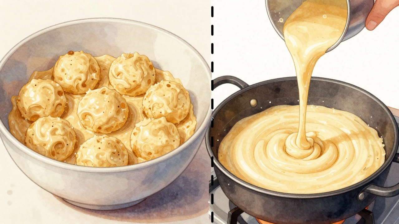 Split image showing thick cookie dough on one side and pourable cake batter on the other.
