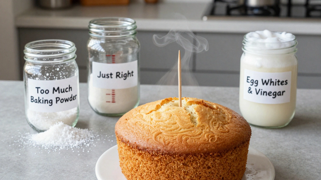 Three ingredient jars on a counter beside a perfect gluten-free cake, symbolizing the right baking balance.