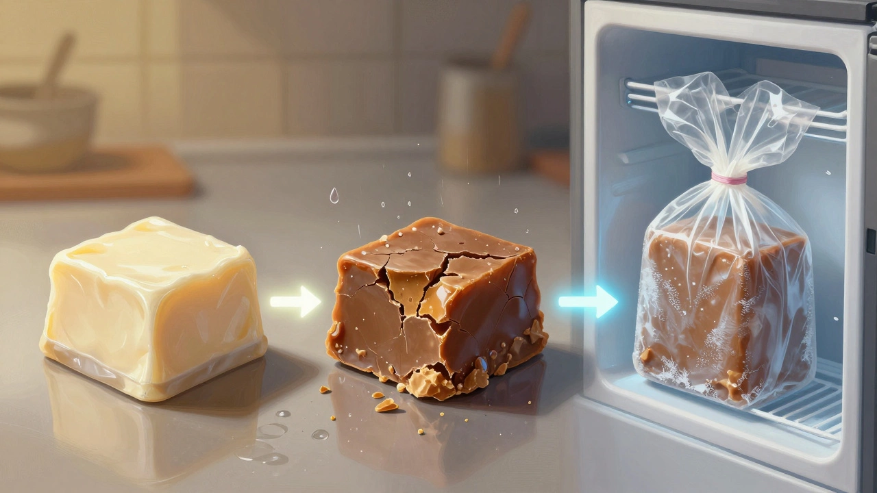 Three stages of fudge: fresh, grainy, and frozen, illustrated with symbolic timeline lighting.