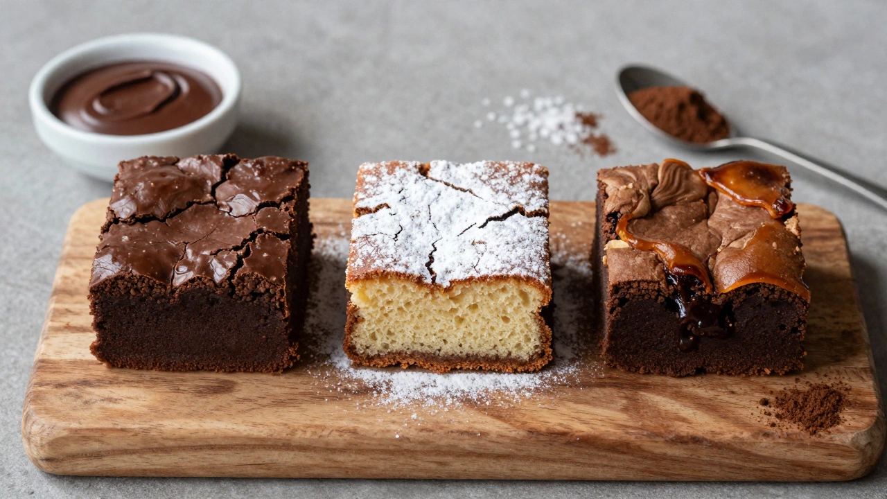 Three types of brownies side by side showing fudgy, cakey, and chewy textures with ingredients like salt and espresso powder.