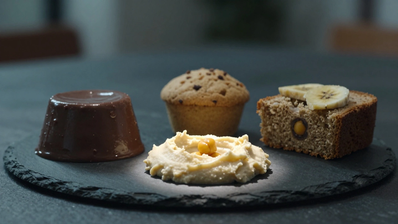 Three vegan desserts made with hummus: pudding, cookie bites, and banana bread on a slate plate.