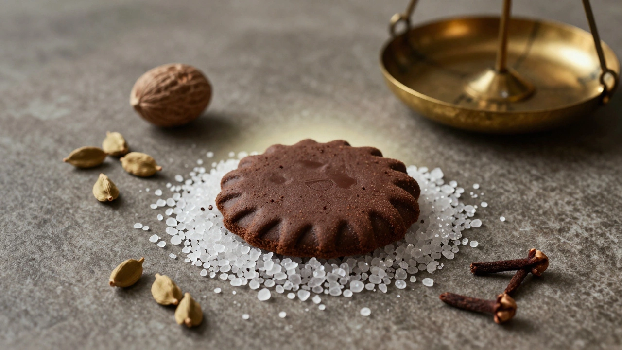 A dark chocolate shortbread cookie surrounded by precise spice measurements on a brass scale.